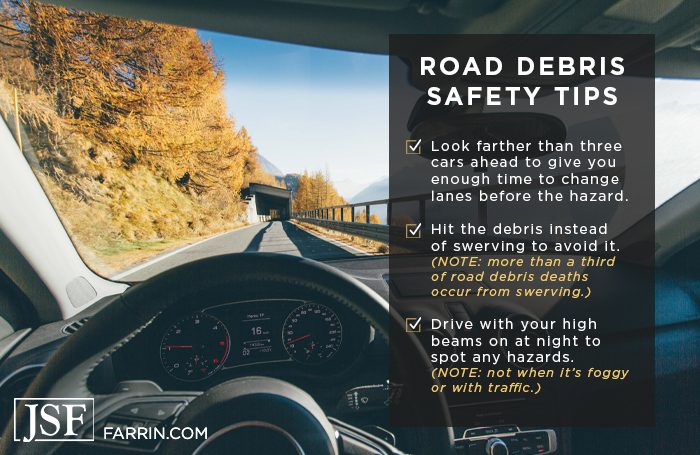 Road debris safety tips including hit the debris instead of swerving
