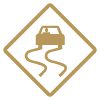 Road sign of a swerving car on a slippery road, in gold.