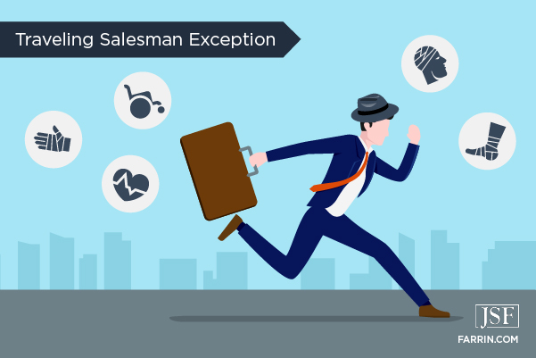 A business man carrying a large briefcase & running down the street among icons of various injuries.