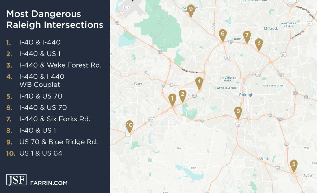 A map of the 10 most dangerous traffic intersections in Raleigh, NC.
