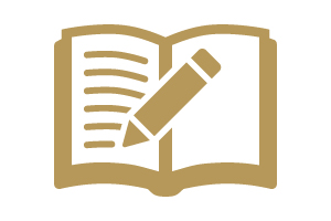 Gold icon with a pencil writing in a book.