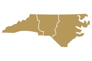 State of North Carolina colored in gold with lines in the state to show the western middle and eastern districts