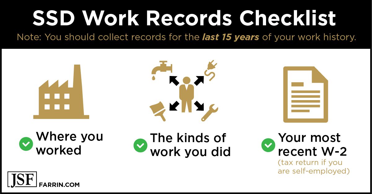Social Security Disability work records checklist including work history, type of work & recent W-2.