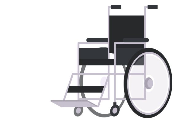 Illustration of a black and silver wheelchair on white.