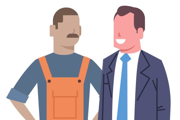 Illustration of a mustached man talking to his lawyer.