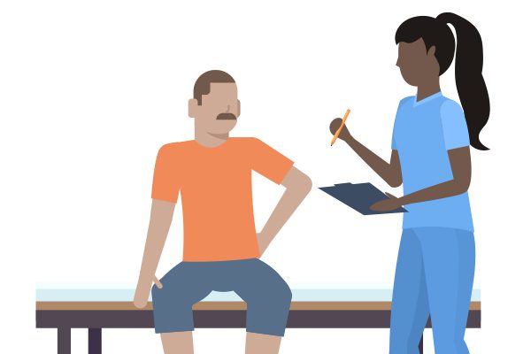 Illustration of a mustached man visiting a doctor.