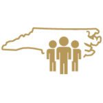 Gold outline of the state of North Carolina with a group of people.