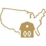 Gold outline of the country of the United States with a farm building.