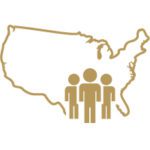 Gold outline of the country of the United States with a group of people.