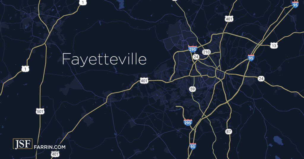 A map of the major highways surrounding Fayetteville, NC.