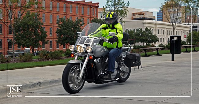 James Scott Farrin personal injury lawyer Michael Jordan riding his motorcycle in Durham, NC. 