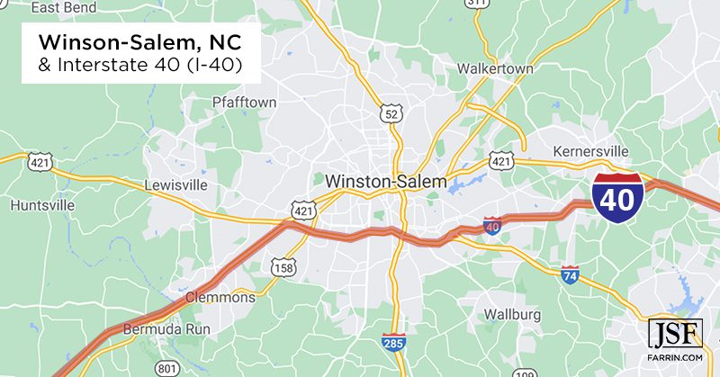 Interstate 40 (I-40) crosses through Winston-Salem, North Carolina.