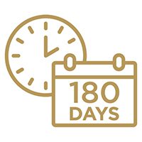 Gold icon of a clock and a calendar that reads 180 Days.