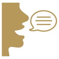 A person's mouth talking with a speech bubble in gold.