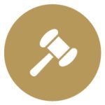 A judge's gavel icon on a gold circle. 
