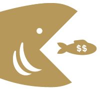 A large fish about to eat a smaller fish with dollar signs on it, representing monopolies.