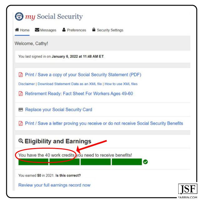 My Social Security website showing the user has the 40 work credits needed to receive benefits.