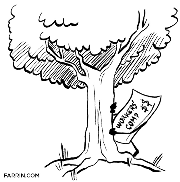 An anthropomorphic workers' comp check hiding behind a tree.
