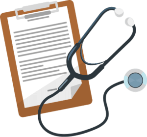 A document on a clipboard with a doctor's stethoscope.