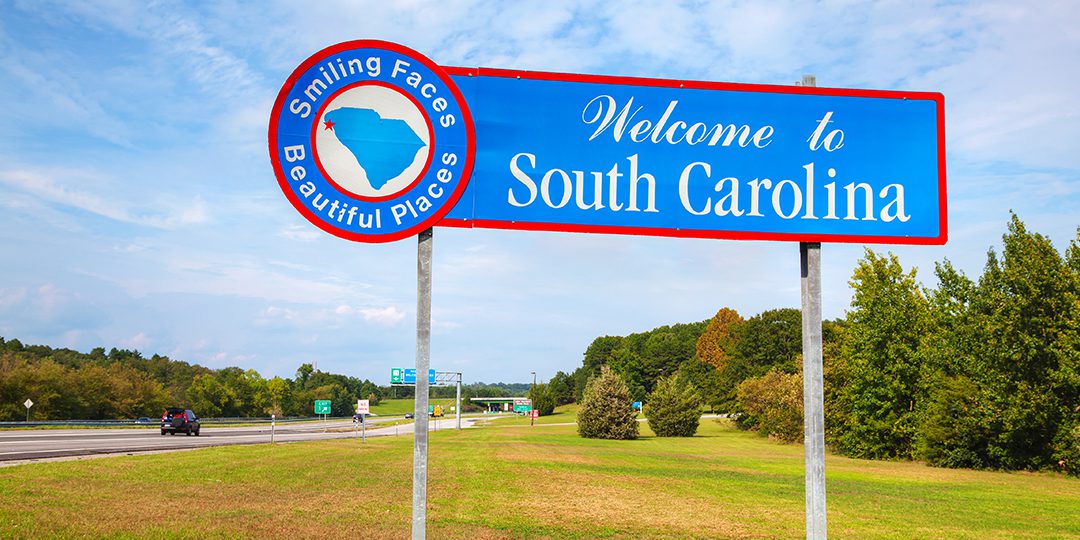 Large sign by the highway that reads Welcome to South Carolina.