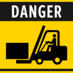 A yellow fork lift danger warning sign.