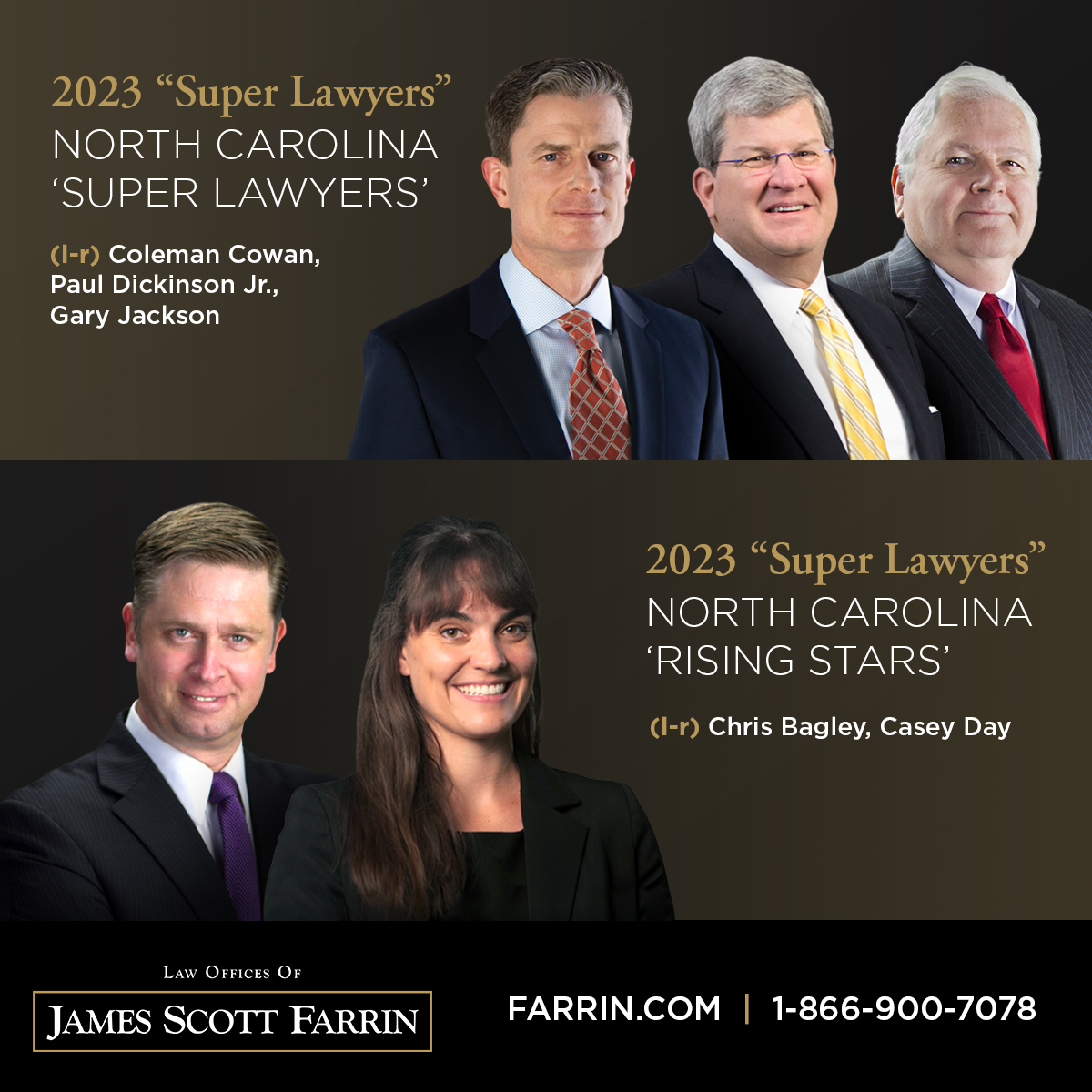 Infographic showcasing '2023 Super Lawyers' and '2023 Rising Stars' Attorneys at James Scott Farrin.