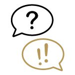 Icon of speech bubbles with a question mark and exclamation points.