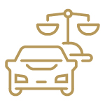 Gold icon of scales of justice and a car.