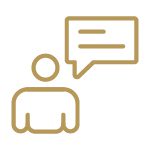 Gold icon of a person with a speech bubble.