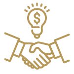 Gold icon of a handshake with a lightbulb.