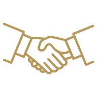 Gold icon of two people shaking hands.