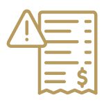 Gold line icon of a bill with a warning symbol.