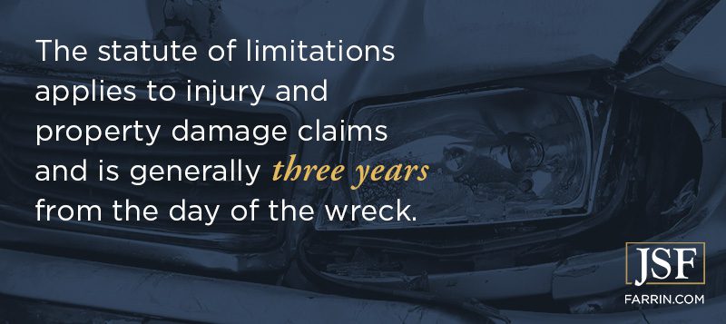 The statute of limitations applies is generally three years from the day the wreck occurred.