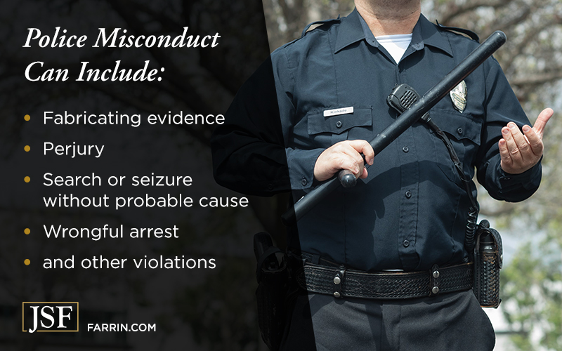 A list of examples of police misconduct, with a police officer holding a baton.
