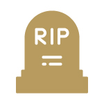 Gold icon of a grave stone with RIP written on it.