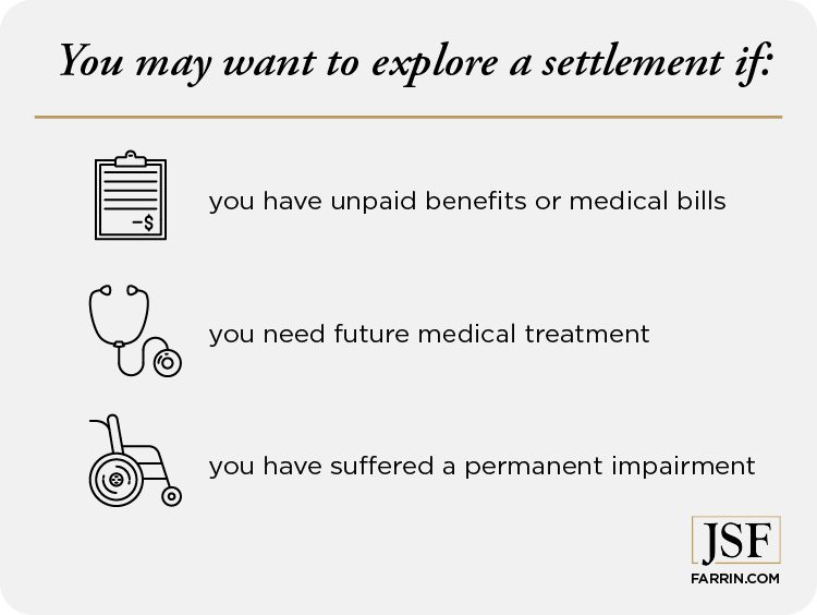 You may want to explore a settlement if you have unpaid medical bills, have a permanent injury or need future medical treatment.