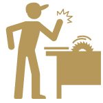 Gold icon of a young person injuring their arm on a table saw.