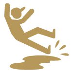 Gold icon of a young person slipping on a puddle.