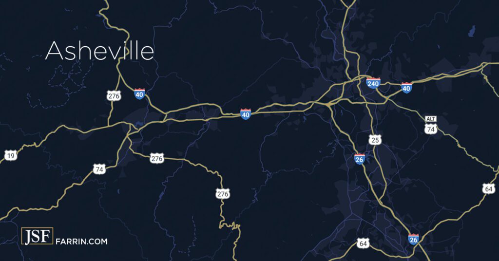 Simplified map of the major highways surrounding Asheville, North Carolina.
