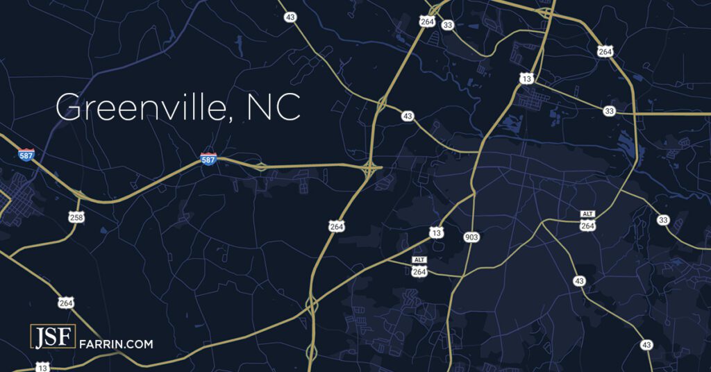 Simplified map of the major highways surrounding Greenville, North Carolina.