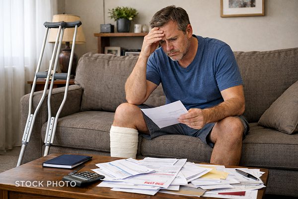 Law Offices of James Scott Farrin North Carolina workers’ compensation attorneys. An injured man on crutches reviewing bills at home.