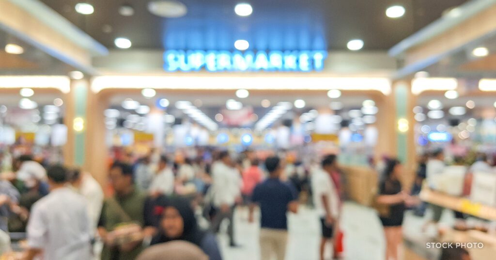 Law Offices of James Scott Farrin North Carolina personal injury attorneys. A crowded grocery store with shoppers & potential hazards.