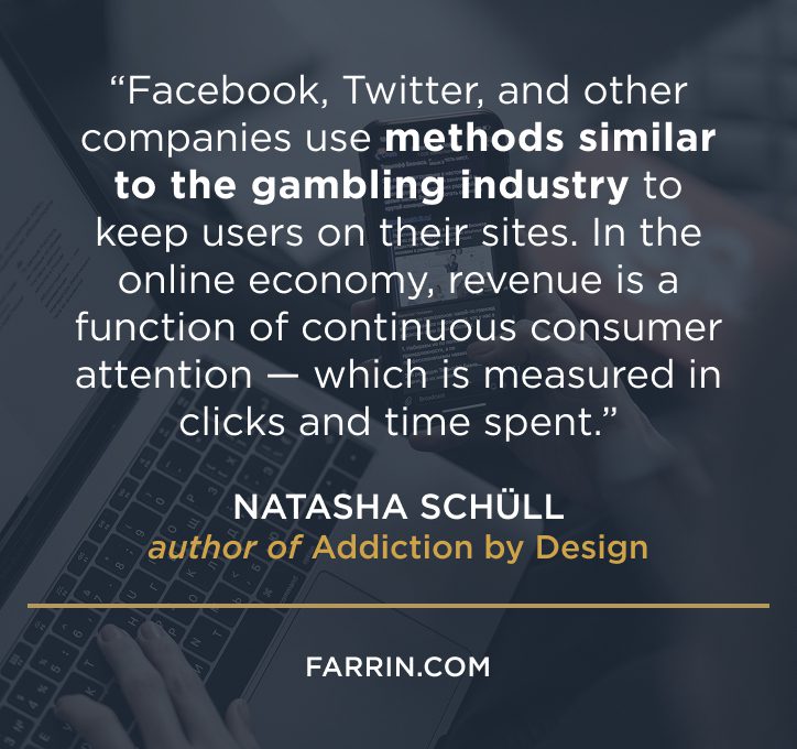 Smartphone background with a quote about addictive design features used by social media companies.